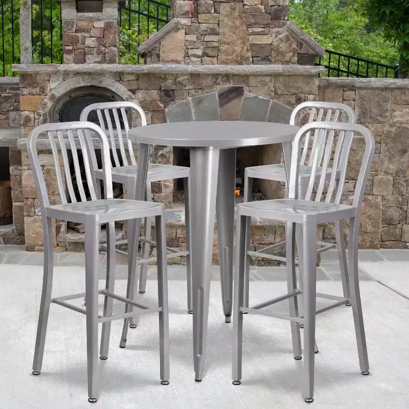 Emma and Oliver Commercial 30 Round Metal Indoor-Outdoor Bar Table Set & 4 Slat Back Stools