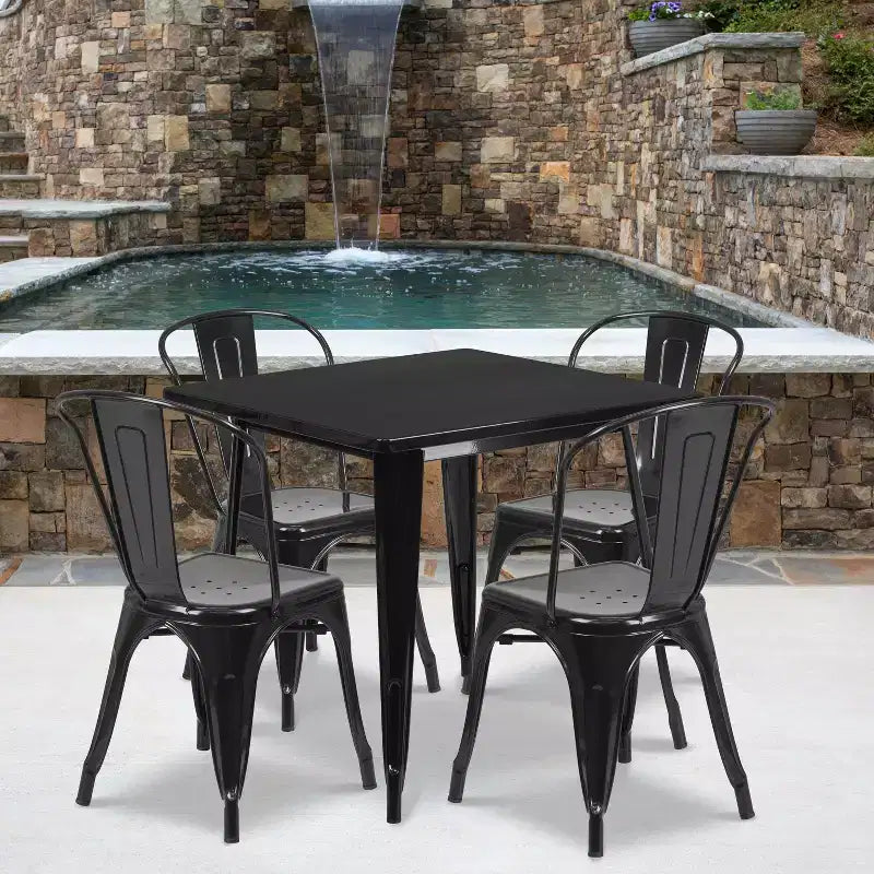 Emma and Oliver Commercial Grade 31.5 Square Metal Indoor-Outdoor Table Set with 4 Stack Chairs