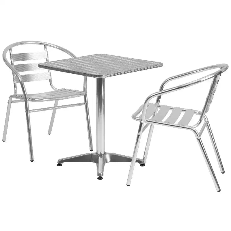 Emma and Oliver 23.5 Square Aluminum Table Set with 2 Slat Back Chairs