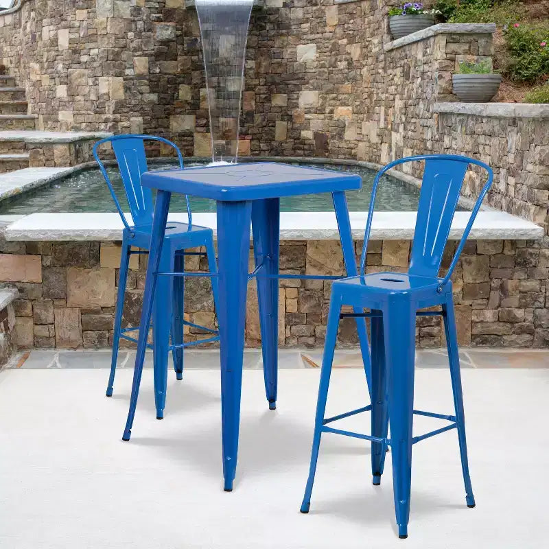 Emma and Oliver Commercial Grade 23.75 Square Metal Indoor-Outdoor Bar Table Set, 2 Back Stools