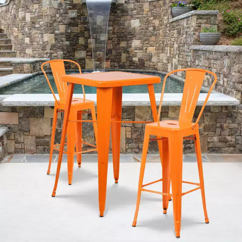 Emma and Oliver Commercial Grade 23.75 Square Metal Indoor-Outdoor Bar Table Set, 2 Back Stools