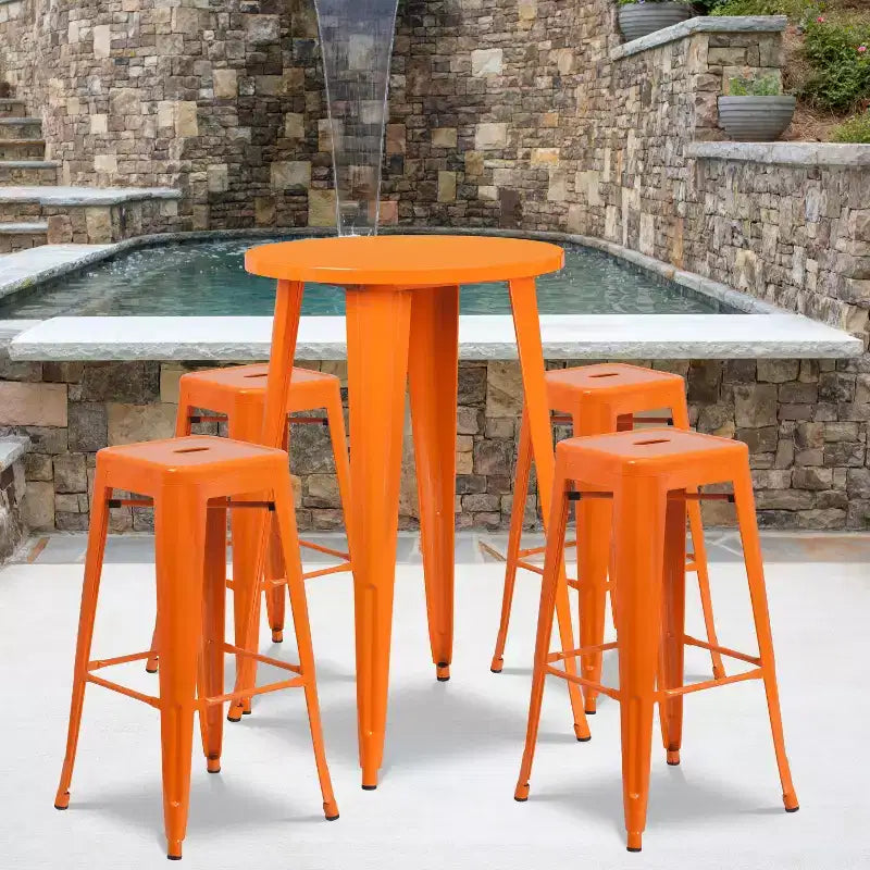 Emma et Oliver Table de bar ronde 24" en métal de qualité commerciale, pour l'intérieur et l'extérieur, 4 tabourets sans dossier