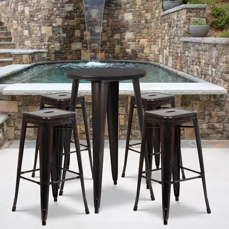 Emma et Oliver Table de bar ronde 24" en métal de qualité commerciale, pour l'intérieur et l'extérieur, 4 tabourets sans dossier