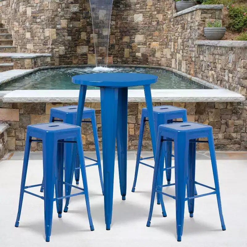 Emma et Oliver Table de bar ronde 24" en métal de qualité commerciale, pour l'intérieur et l'extérieur, 4 tabourets sans dossier