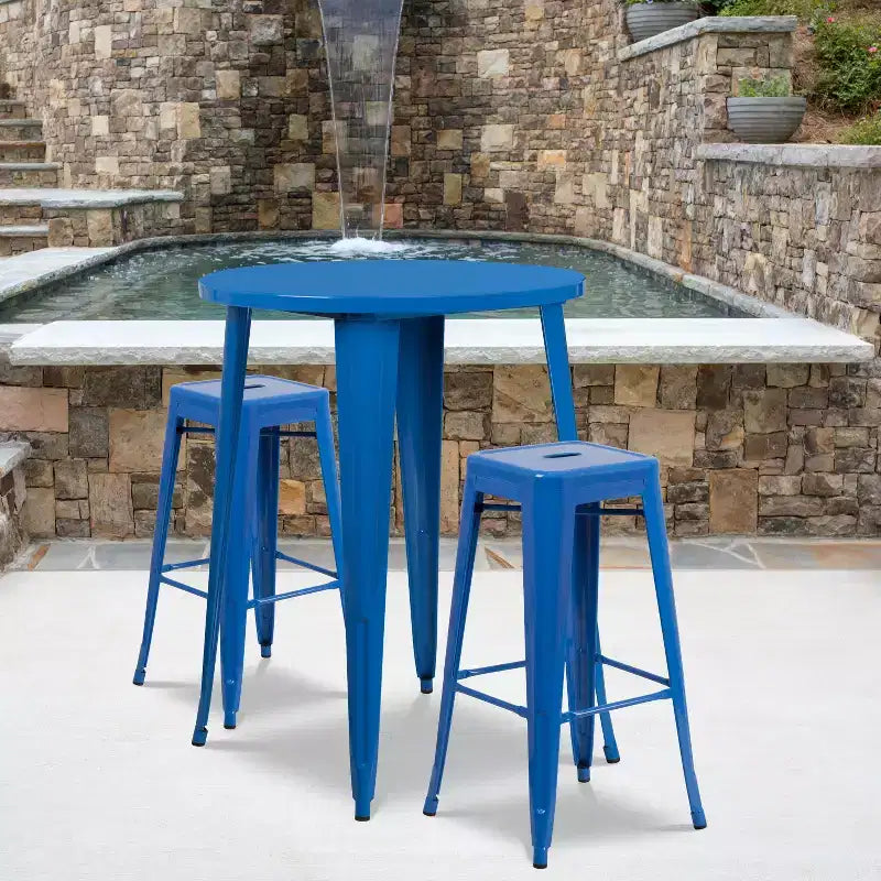 Ensemble table de bar Emma et Oliver en métal rond de 76 cm de qualité commerciale pour l'intérieur et l'extérieur, 2 tabourets sans dossier
