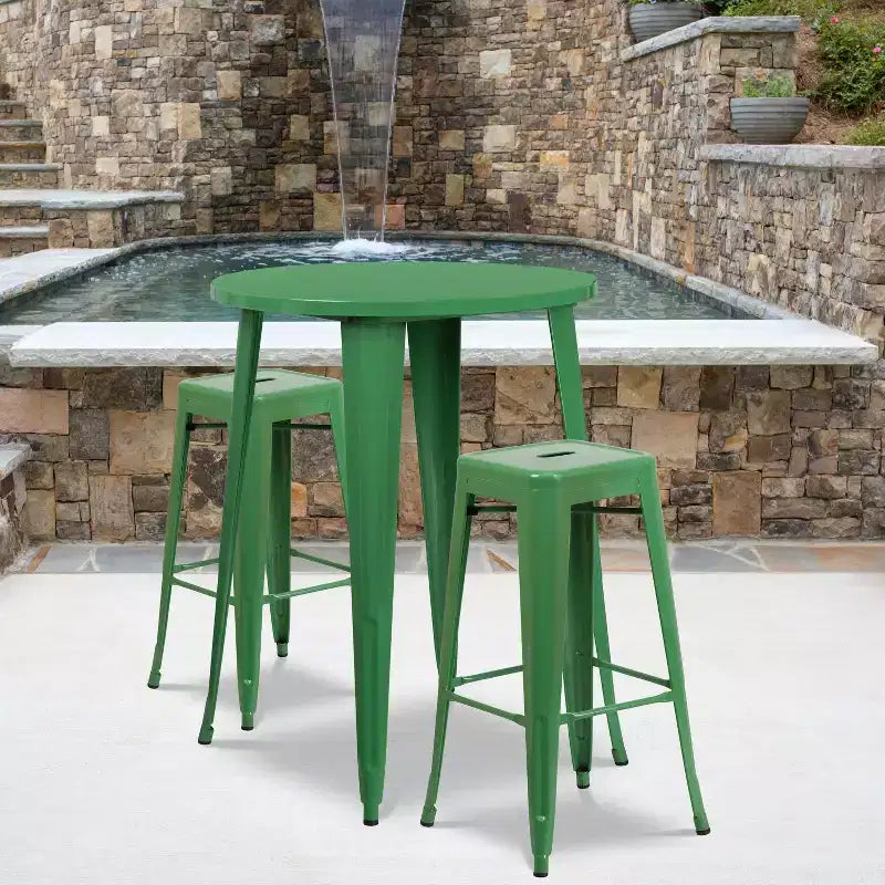 Ensemble table de bar Emma et Oliver en métal rond de 76 cm de qualité commerciale pour l'intérieur et l'extérieur, 2 tabourets sans dossier