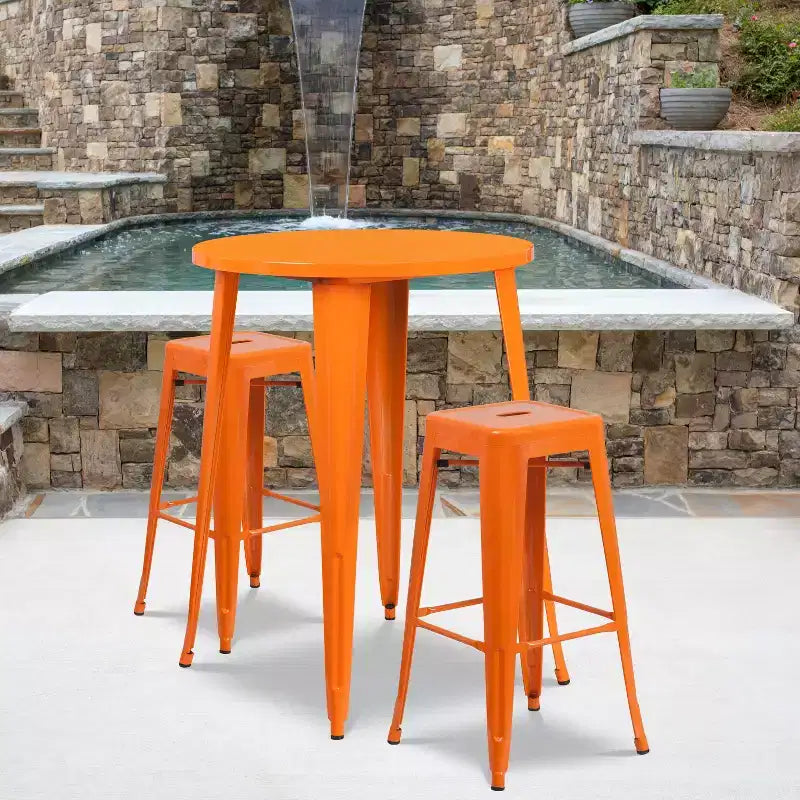 Ensemble table de bar Emma et Oliver en métal rond de 76 cm de qualité commerciale pour l'intérieur et l'extérieur, 2 tabourets sans dossier