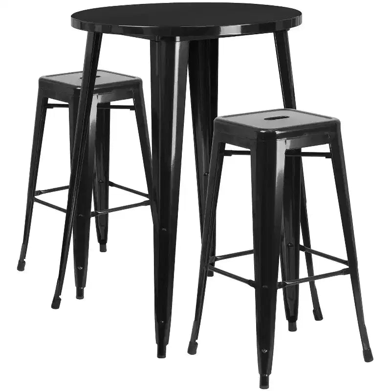 Ensemble table de bar Emma et Oliver en métal rond de 76 cm de qualité commerciale pour l'intérieur et l'extérieur, 2 tabourets sans dossier