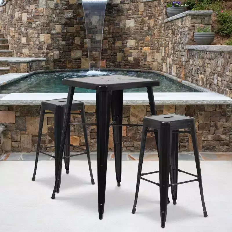Ensemble table de bar et 2 tabourets sans dossier Emma et Oliver en métal carré de qualité commerciale 60 cm pour intérieur et extérieur