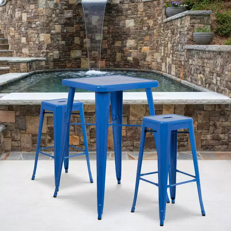 Ensemble table de bar et 2 tabourets sans dossier Emma et Oliver en métal carré de qualité commerciale 60 cm pour intérieur et extérieur