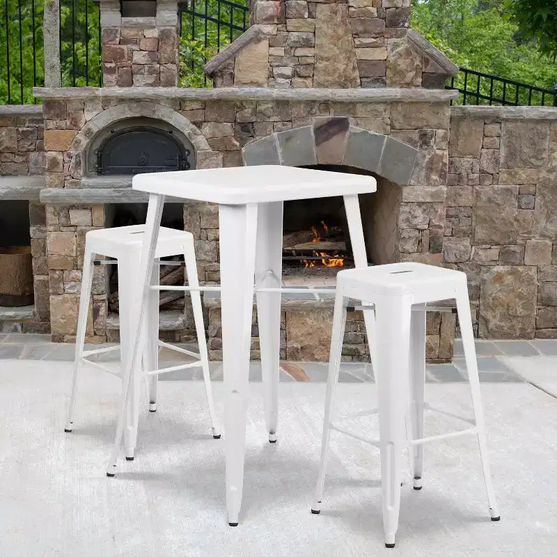 Ensemble table de bar et 2 tabourets sans dossier Emma et Oliver en métal carré de qualité commerciale 60 cm pour intérieur et extérieur
