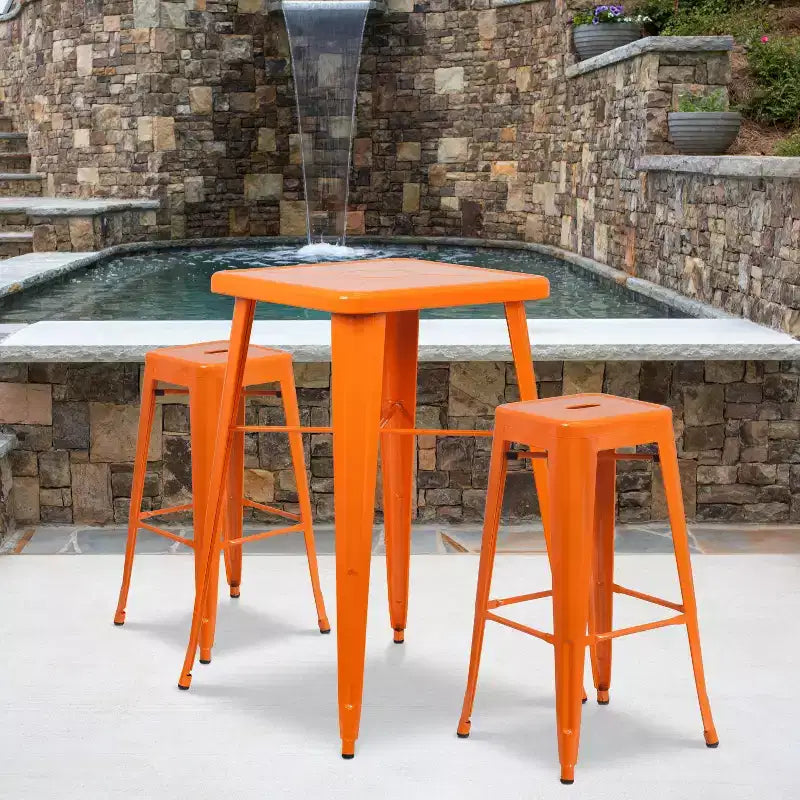 Ensemble table de bar et 2 tabourets sans dossier Emma et Oliver en métal carré de qualité commerciale 60 cm pour intérieur et extérieur