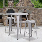 Ensemble table de bar et 2 tabourets sans dossier Emma et Oliver en métal carré de qualité commerciale 60 cm pour intérieur et extérieur