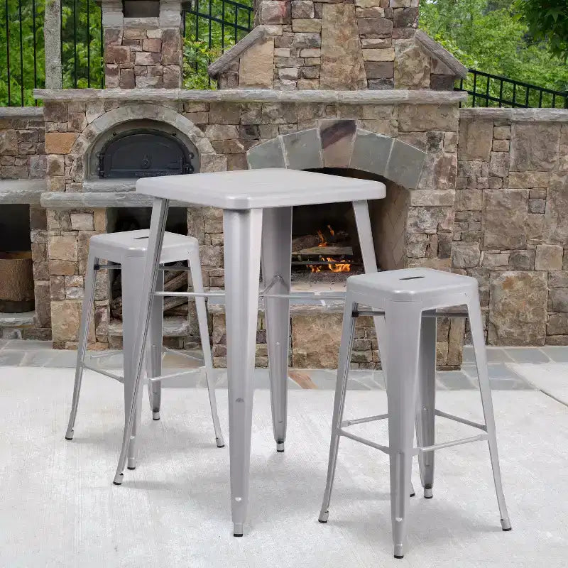 Ensemble table de bar et 2 tabourets sans dossier Emma et Oliver en métal carré de qualité commerciale 60 cm pour intérieur et extérieur