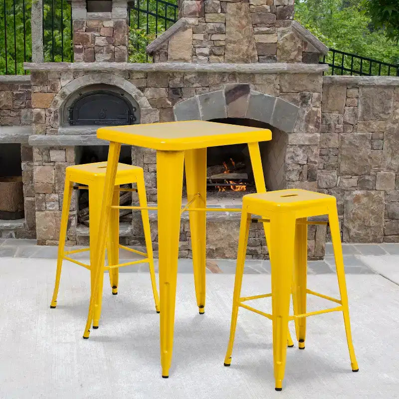 Ensemble table de bar et 2 tabourets sans dossier Emma et Oliver en métal carré de qualité commerciale 60 cm pour intérieur et extérieur