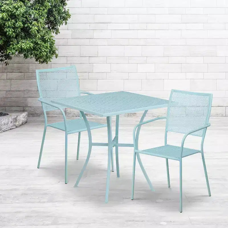 Emma and Oliver Commercial Grade 28 Square Metal Garden Patio Table Set w/ 2 Square Back Chairs