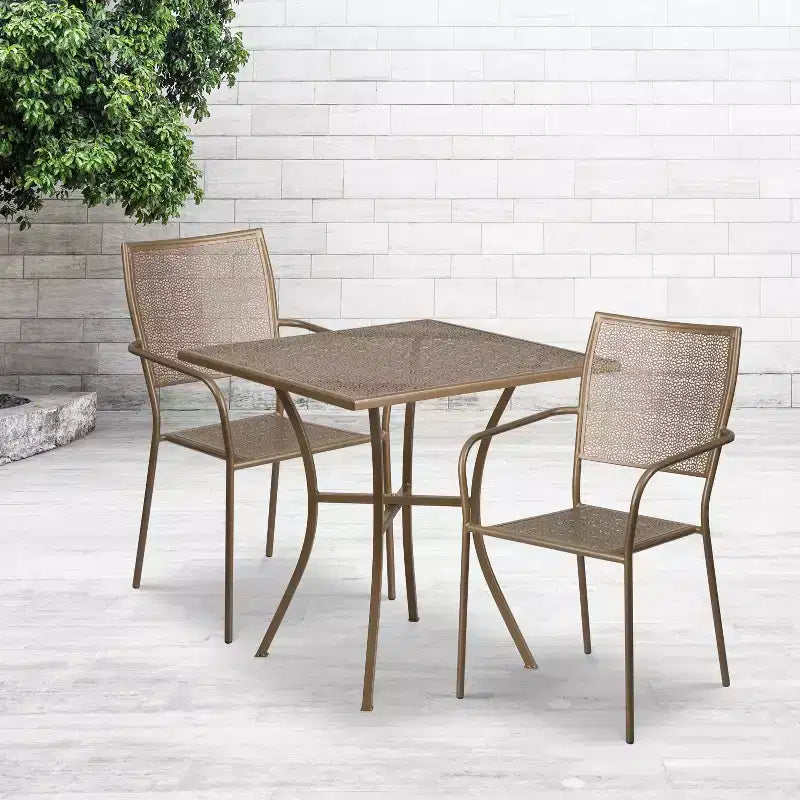 Emma and Oliver Commercial Grade 28 Square Metal Garden Patio Table Set w/ 2 Square Back Chairs