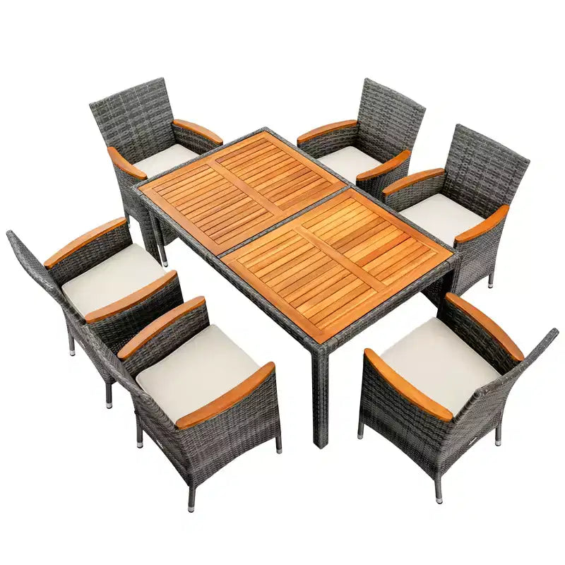 Ensemble repas de jardin 7 pièces en rotin Costway, table en bois d'acacia, chaises rembourrées, gris mélangé