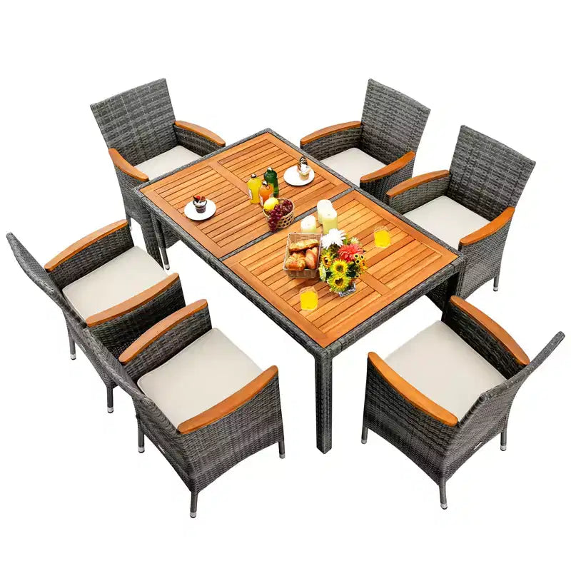 Ensemble repas de jardin 7 pièces en rotin Costway, table en bois d'acacia, chaises rembourrées, gris mélangé
