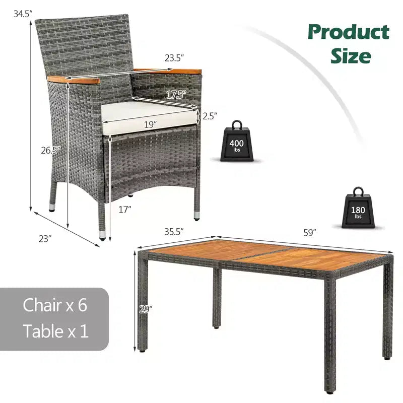 Ensemble repas de jardin 7 pièces en rotin Costway, table en bois d'acacia, chaises rembourrées, gris mélangé