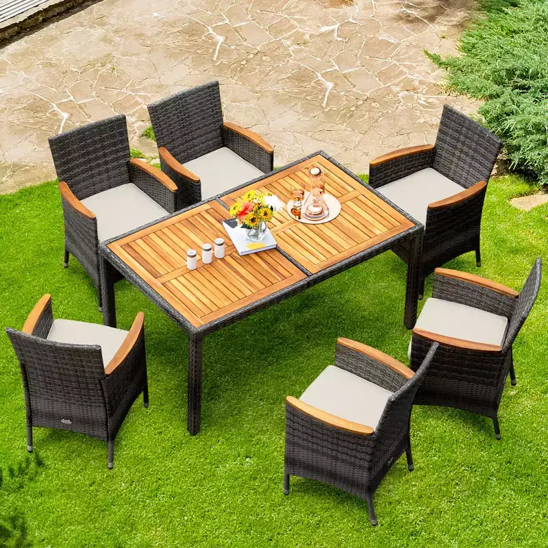 Ensemble repas de jardin 7 pièces en rotin Costway, table en bois d'acacia, chaises rembourrées, gris mélangé