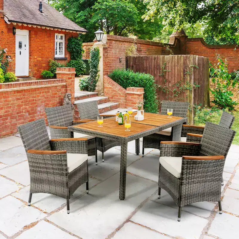 Ensemble repas de jardin 7 pièces en rotin Costway, table en bois d'acacia, chaises rembourrées, gris mélangé