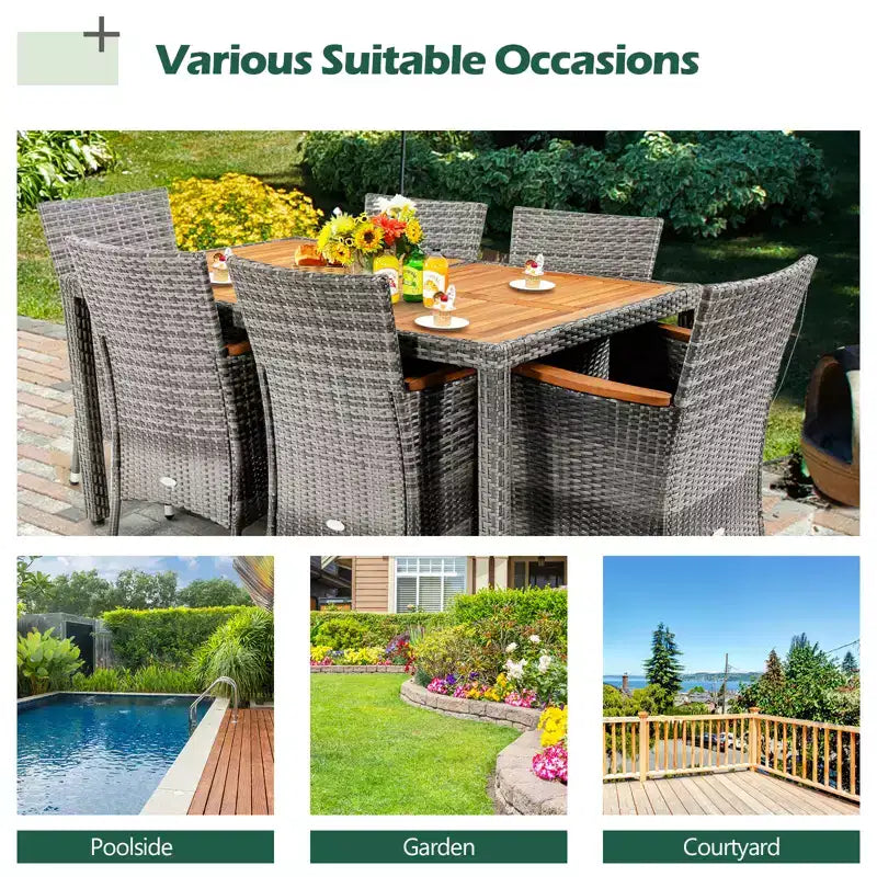 Ensemble repas de jardin 7 pièces en rotin Costway, table en bois d'acacia, chaises rembourrées, gris mélangé