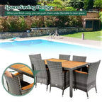 Ensemble repas de jardin 7 pièces en rotin Costway, table en bois d'acacia, chaises rembourrées, gris mélangé