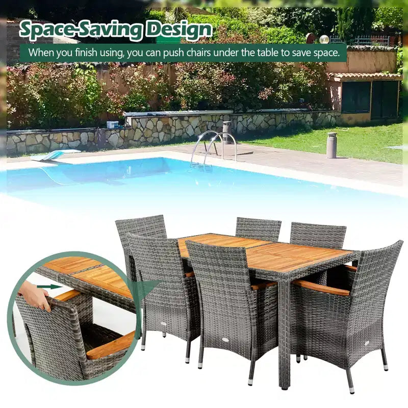 Ensemble repas de jardin 7 pièces en rotin Costway, table en bois d'acacia, chaises rembourrées, gris mélangé