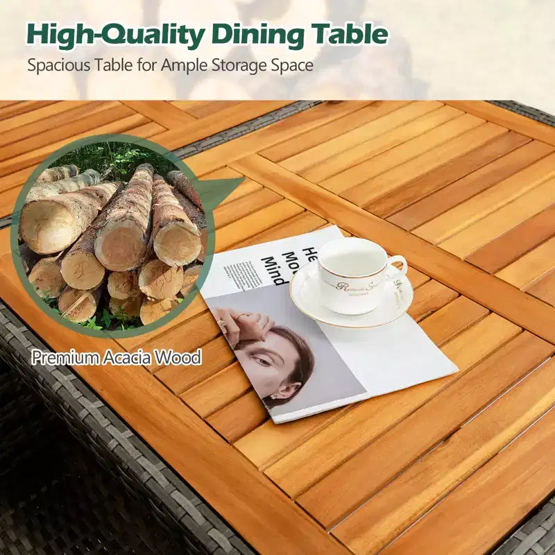 Ensemble repas de jardin 7 pièces en rotin Costway, table en bois d'acacia, chaises rembourrées, gris mélangé