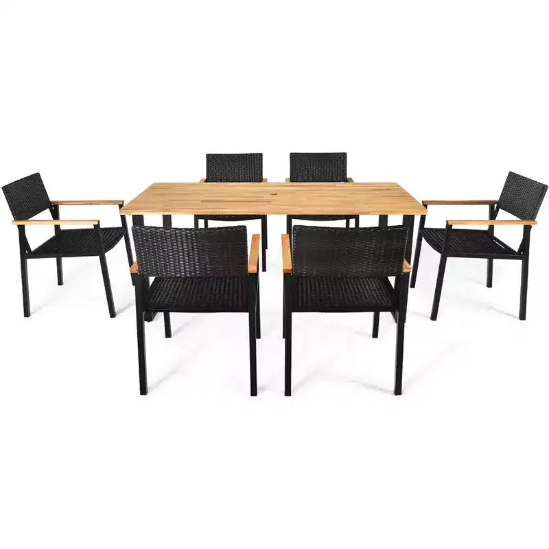 Costway Ensemble Table et 7 Chaises de Jardin en Rotin, Cadre en Bois Massif, avec Trou pour Parasol