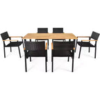 Costway Ensemble Table et 7 Chaises de Jardin en Rotin, Cadre en Bois Massif, avec Trou pour Parasol