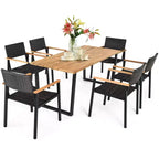 Costway Ensemble Table et 7 Chaises de Jardin en Rotin, Cadre en Bois Massif, avec Trou pour Parasol
