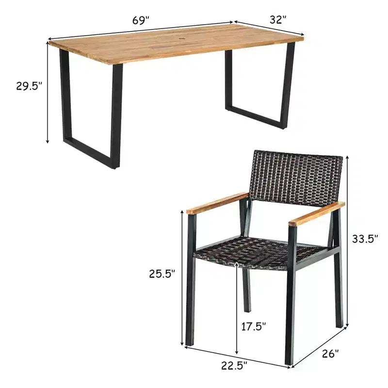 Costway Ensemble Table et 7 Chaises de Jardin en Rotin, Cadre en Bois Massif, avec Trou pour Parasol