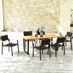 Costway Ensemble Table et 7 Chaises de Jardin en Rotin, Cadre en Bois Massif, avec Trou pour Parasol