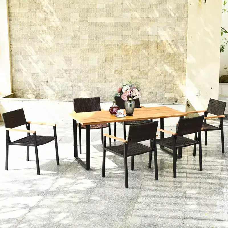 Costway Ensemble Table et 7 Chaises de Jardin en Rotin, Cadre en Bois Massif, avec Trou pour Parasol