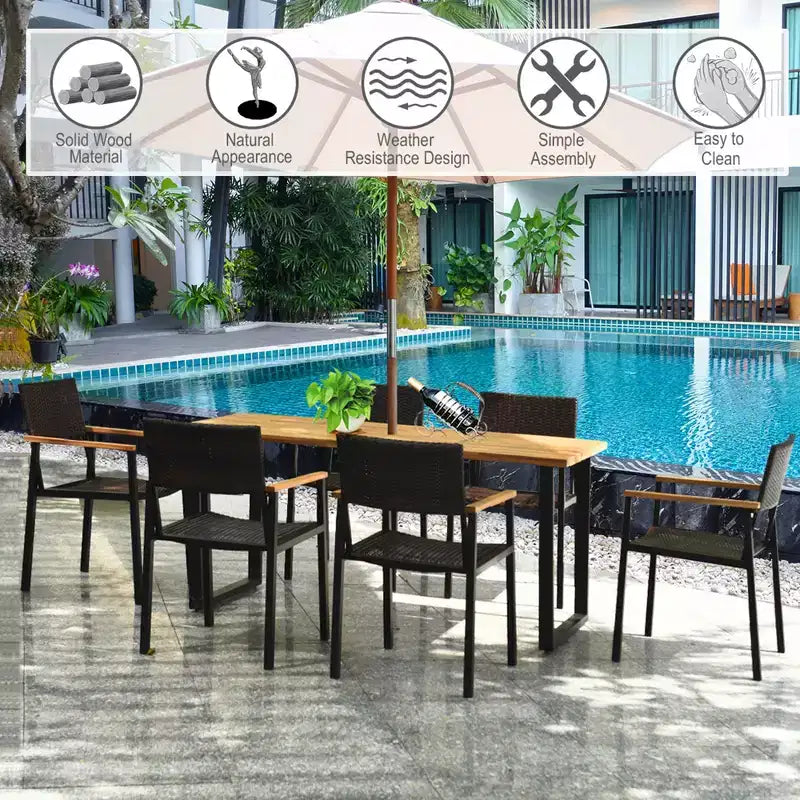 Costway Ensemble Table et 7 Chaises de Jardin en Rotin, Cadre en Bois Massif, avec Trou pour Parasol