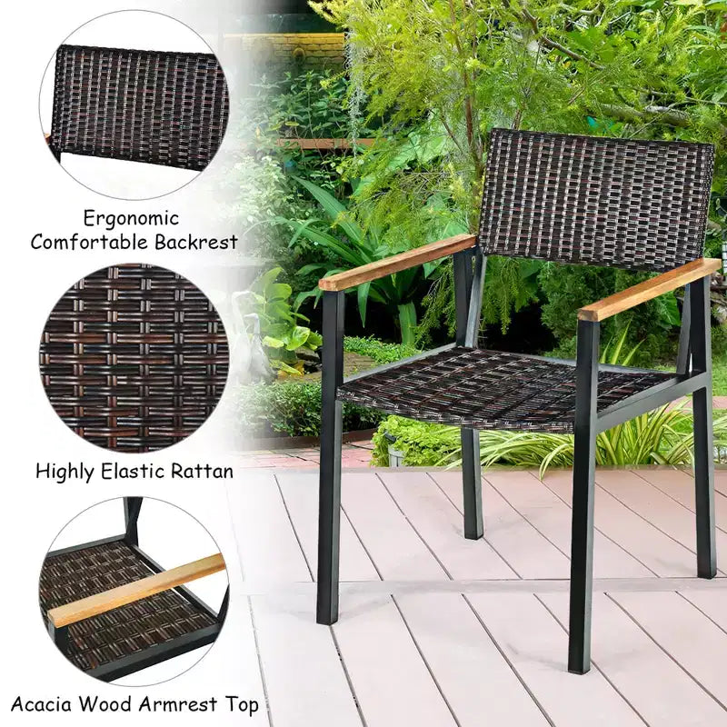 Costway Ensemble Table et 7 Chaises de Jardin en Rotin, Cadre en Bois Massif, avec Trou pour Parasol