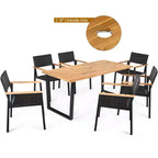 Costway Ensemble Table et 7 Chaises de Jardin en Rotin, Cadre en Bois Massif, avec Trou pour Parasol