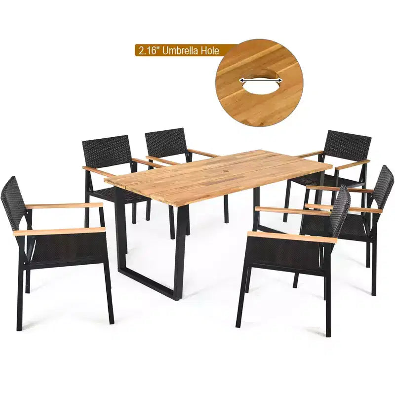 Costway Ensemble Table et 7 Chaises de Jardin en Rotin, Cadre en Bois Massif, avec Trou pour Parasol
