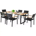 Costway Ensemble Table et 7 Chaises de Jardin en Rotin, Cadre en Bois Massif, avec Trou pour Parasol
