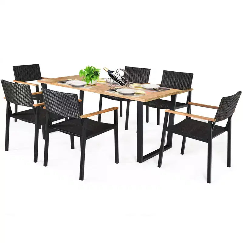 Costway Ensemble Table et 7 Chaises de Jardin en Rotin, Cadre en Bois Massif, avec Trou pour Parasol