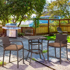 Outsunny Ensemble de bar 3 pièces en rotin avec table à plateau en grain de bois et 2 tabourets de bar pour l'extérieur, le patio, la piscine, le jardin