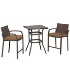 Outsunny Ensemble de bar 3 pièces en rotin avec table à plateau en grain de bois et 2 tabourets de bar pour l'extérieur, le patio, la piscine, le jardin