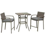 Outsunny Ensemble de bar 3 pièces en rotin avec table à plateau en grain de bois et 2 tabourets de bar pour l'extérieur, le patio, la piscine, le jardin