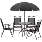 Outsunny 6 Piece Patio Dining Set for 4 with Umbrella, 4 Folding Dining Chairs & Round Glass Table for Garden, Backyard, and Poolside