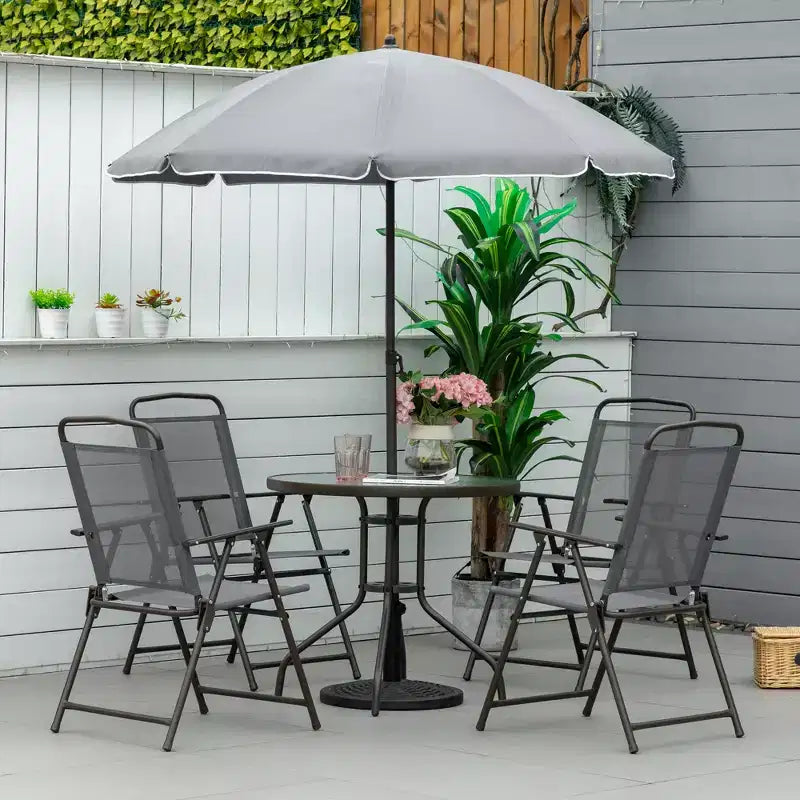 Outsunny 6 Piece Patio Dining Set for 4 with Umbrella, 4 Folding Dining Chairs & Round Glass Table for Garden, Backyard, and Poolside
