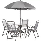 Outsunny 6 Piece Patio Dining Set for 4 with Umbrella, 4 Folding Dining Chairs & Round Glass Table for Garden, Backyard, and Poolside