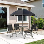 Outsunny 6 Piece Patio Dining Set for 4 with Umbrella, 4 Folding Dining Chairs & Round Glass Table for Garden, Backyard, and Poolside