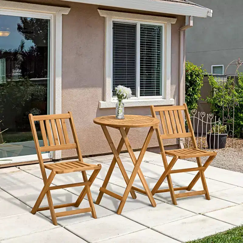 Outsunny Ensemble table de bistrot et chaises de jardin 2 places, table de patio en bois d'acacia, chaises pliantes en bois, vernies, ensemble de mobilier d'extérieur 3 pièces, à lattes, teck